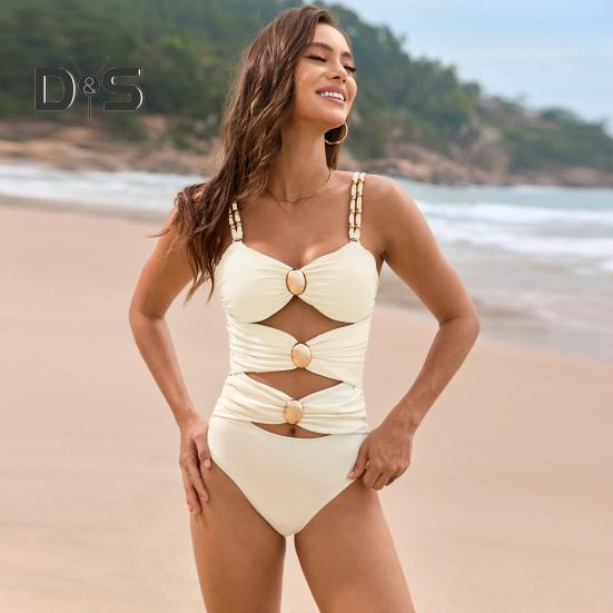 Women Monokini Sling Hollow Design One-piece Swimsuit with Metal Buckles Patchwork Color Sexy Beachwear