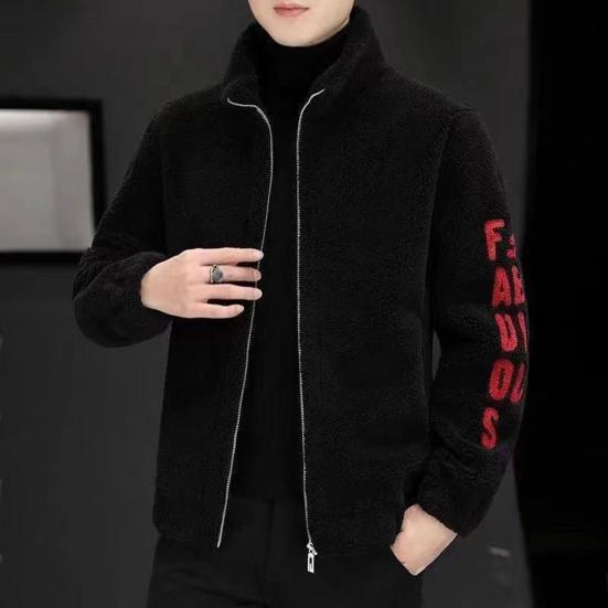 Autumn Winter Men Jacket Stand Collar Zipper Placket Plush Cardigan Coat Solid Color Long Sleeve Lamb Wool Coat Windproof Warm Casual Outwear