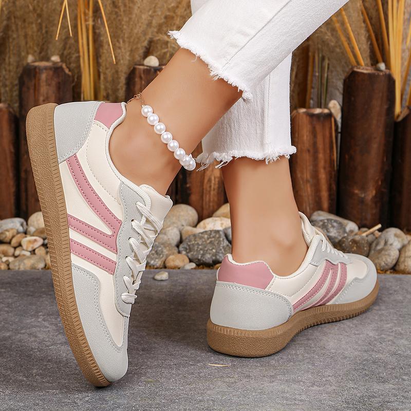 Korean Pink Striped Flat Shoes Women Spring Autumn Lace Up Platform Sneakers Woman Plus Size 42 Low Heel Casual Shoes Female