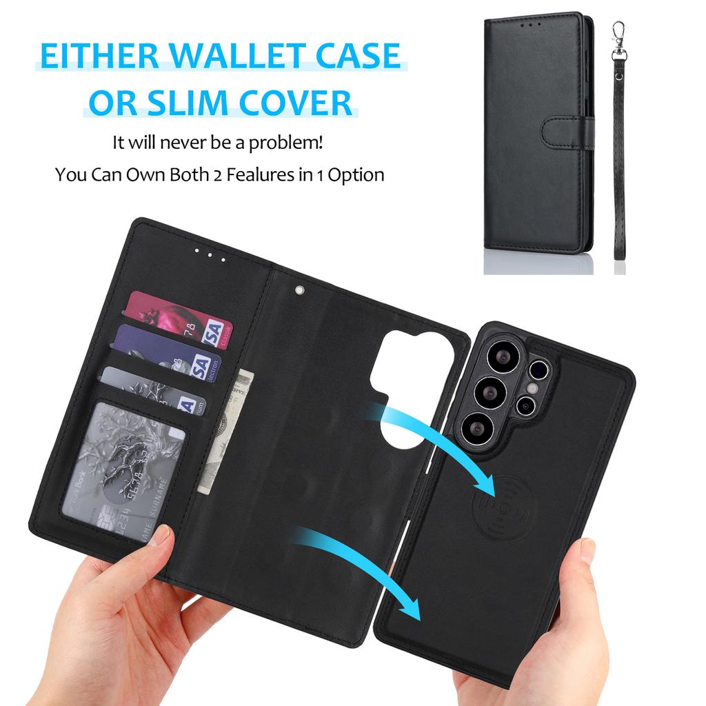 Magnetic Leather Case for Samsung Galaxy S26 Ultra S25 Edge S24 Plus S23 FE S22 S21 S20 Note20 Hand Strap Detachable Card Wallet