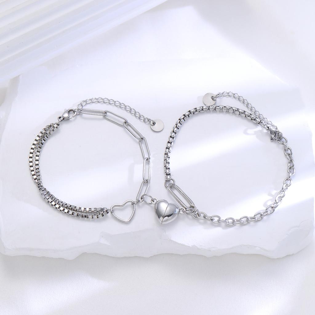2PCS Simple Fashion Stainless Steel Bracelet Set for Couple Unisex Women Men Lover Heart Silver Color Chain Bracelets Jewelry