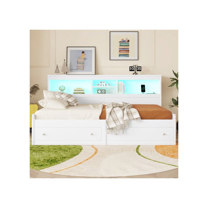 Tagesbett - MUVOE - 90x200 cm - Weiß - Mit LED-Licht - 2 USB-Anschlüsse