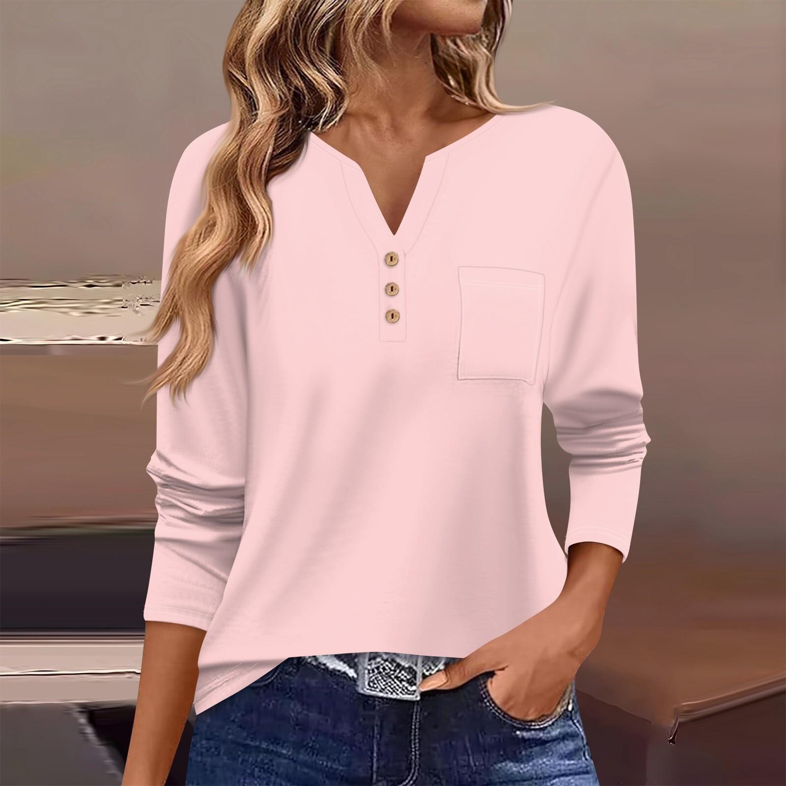 

Жіноча футболка з довгим рукавом і довгим рукавом, щоденна мода на вихідні, базовий V-подібний виріз, звичайний топ із кишенею XL рожевий