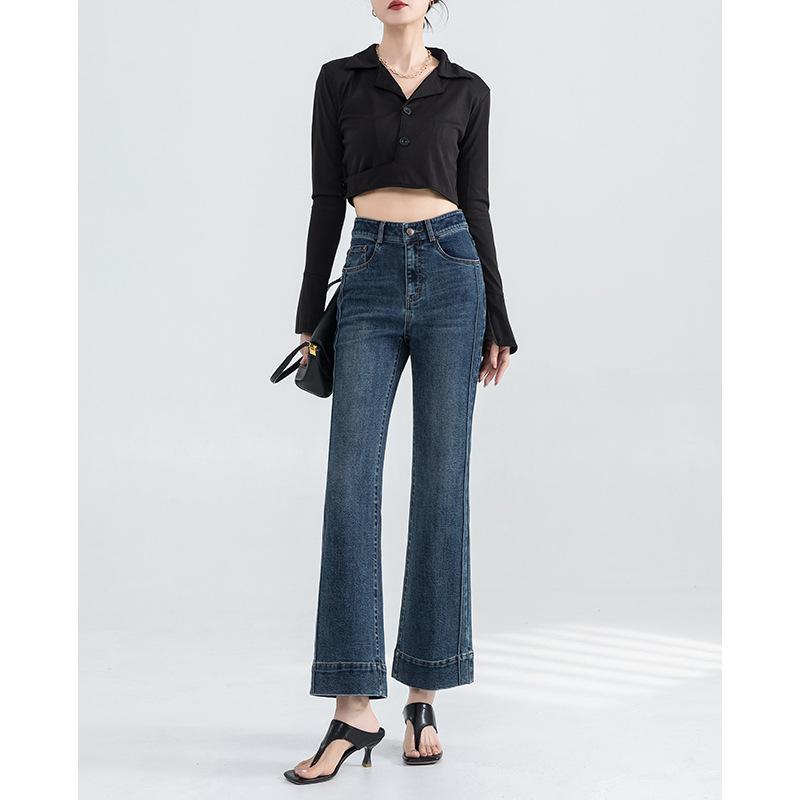 French Gentle Style Denim Trousers for Women In Autumn New High-waisted Temperament Versatile Nine-point Flared Pants