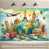 2D Flat Party Backdrop Banner - World Famous Landmarks & Travel Elements, Polyester Photo Background for Indoor/Outdoor Party & Photo Booth Decor