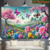 Fröhlicher Frühlingswiesen-Banner, Lebendige mehrfarbige Schmetterlinge und Blumen unter einem strahlend blauen Himmel, Verspielte Frühlings-Wandkunst