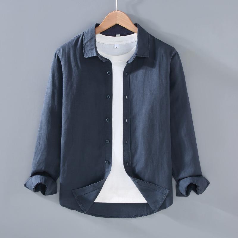 Men's Solid Color Long Sleeve Button Up Shirt Casual Loose Fit Breathable Linen Blend Daily Top