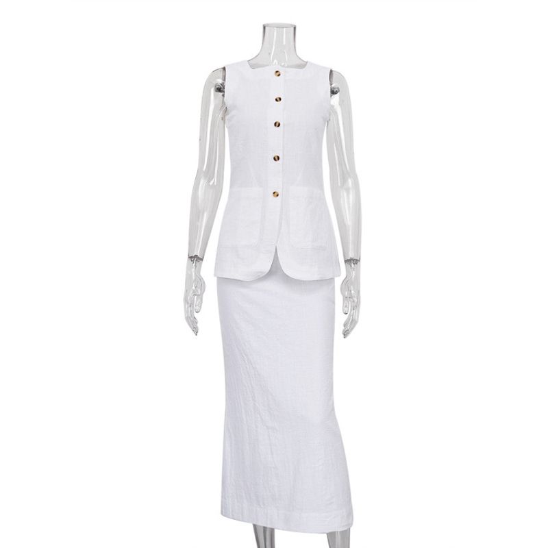 Solid Color Sleeveless Long Skirt Set Solid Sleeveless Cardigan Long Dress Set Women