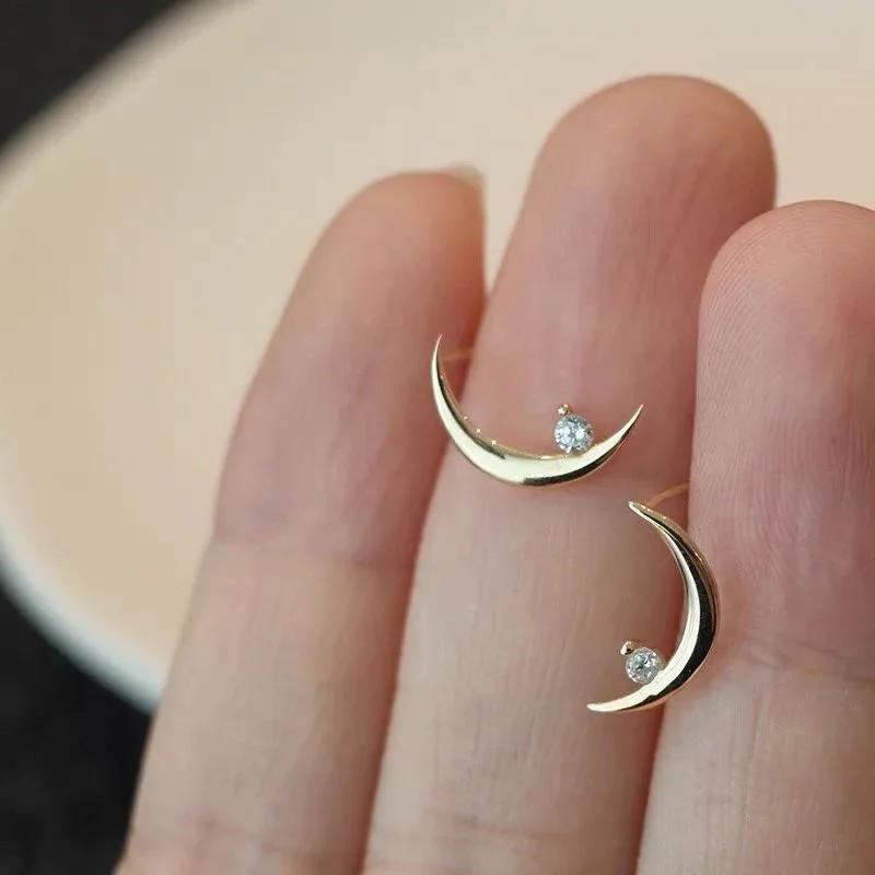 Real Sterling Silver Geometric Moon Zircon Stud Earrings for Women Personality Fine Minimalist Trendy Accessories