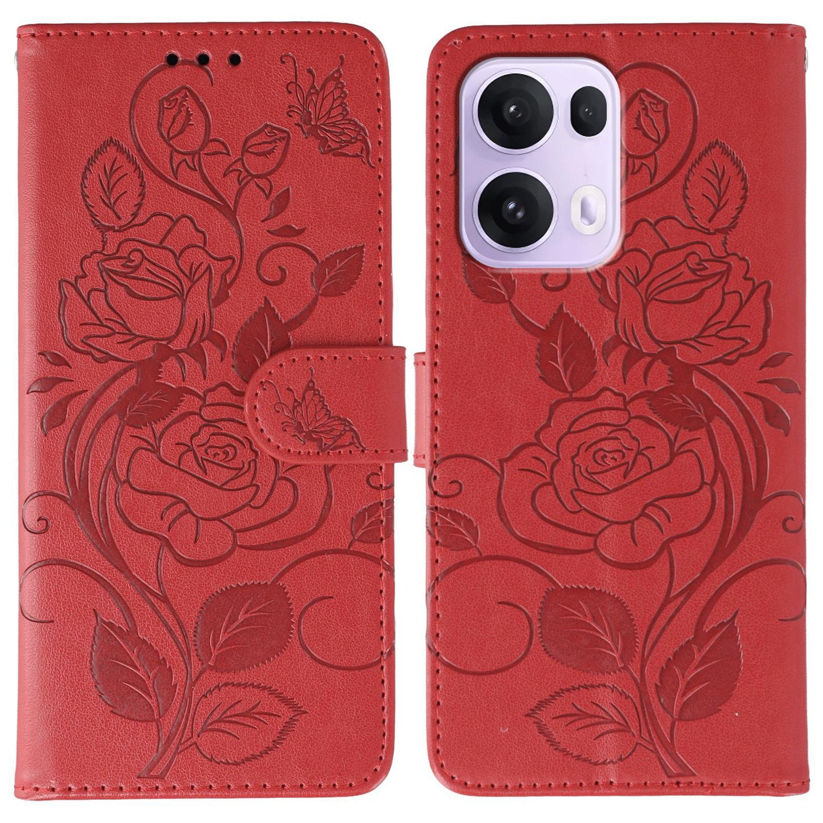 

For Oppo Reno13 Pro 5G Case Wallet Stand Imprinted Rose Butterfly PU Leather Phone Cover Red