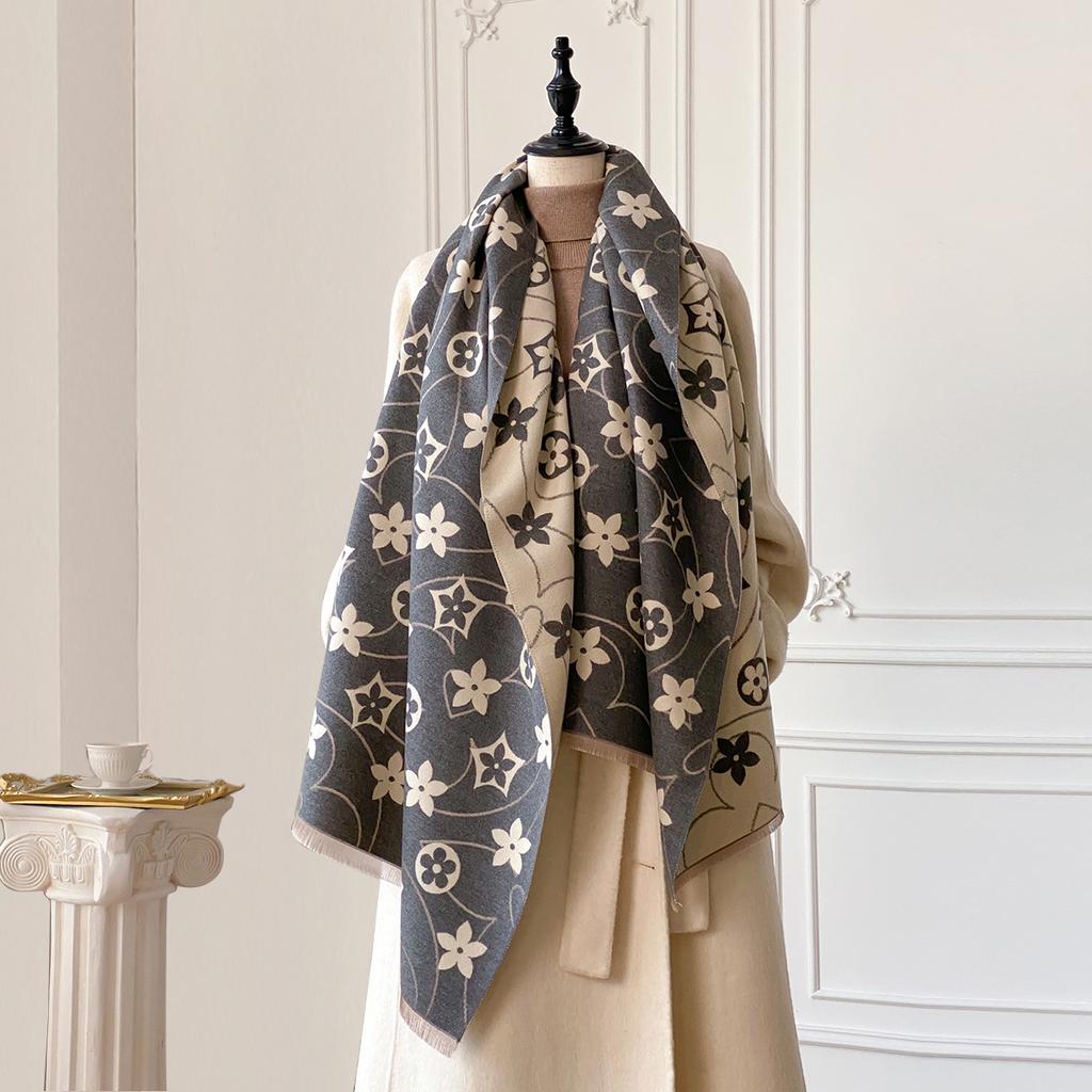 Luxury Women Two-Sided Print Scarf Soft Warm Pashmina Flower Shawl Winter Outdoor Coldproof Windproof Blanket Scarf