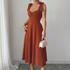 Summer Autumn Women Sexy A-line Maxi Dress Elegant Square Collar Sleeveless Solid Slim Long Dresses Women's Bow Tank Tops Dress