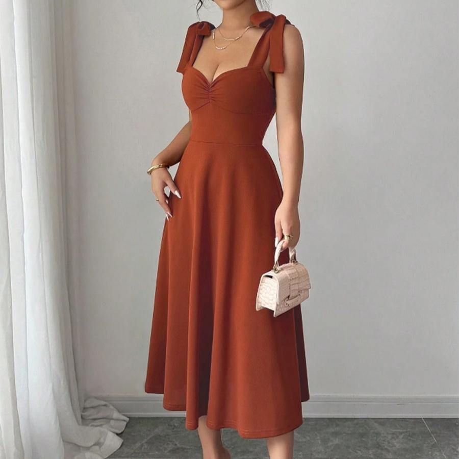 Summer Autumn Women Sexy A-line Maxi Dress Elegant Square Collar Sleeveless Solid Slim Long Dresses Women's Bow Tank Tops Dress