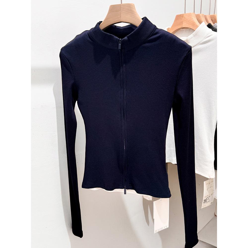 Women's Slim-Fit Cropped Long-Sleeve Zipper Cardigan with Stand-Up Collar - 2025 Spring Arrival for Petites