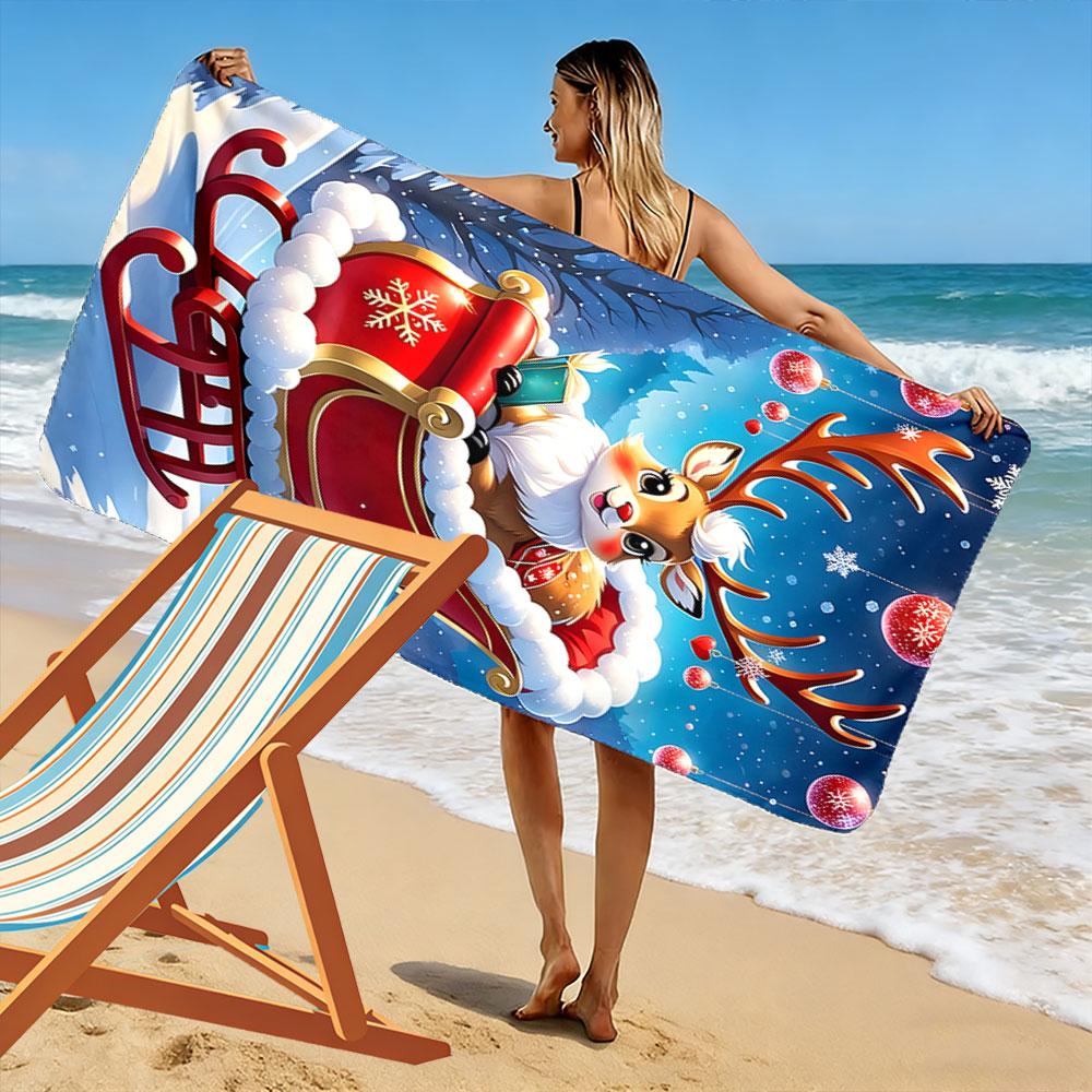 Charming festive reindeer sleigh Print beach towel, quick drying, suitable for travel, outdoor sports, jogging, the beach and swimming, gift