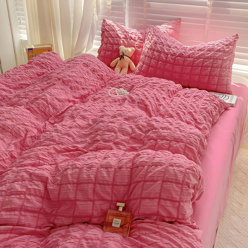Korean Style Seersucker Cotton 4-Piece Bed Set - Girlish Duvet Cover & Sheet for Dorms (3-Piece)