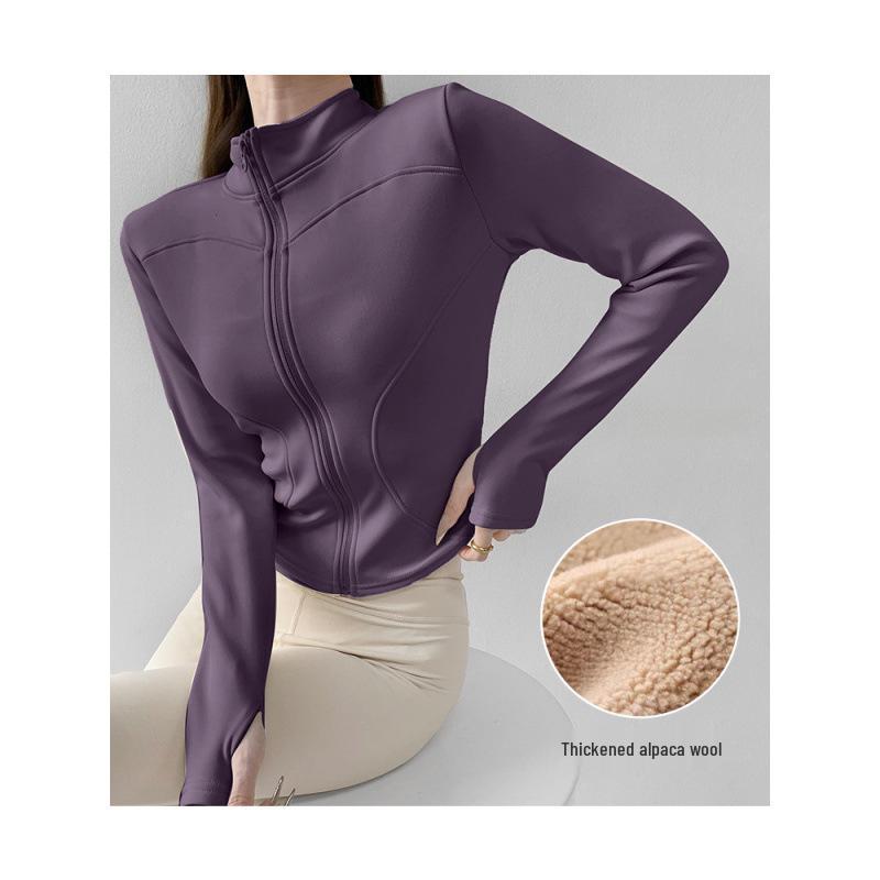 Women's Velvet Plus Long Sleeve Fitness Jacket - Slimming Stand Collar Yoga Top