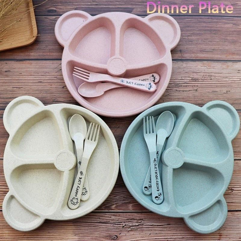 Dinner Plate Wheat Straw Tableware Cartoon Bear Children Dishes Kids Dinner Plate Baby Plate Fork Spoon Baby Eating Anti-hot Training Dinnerware Set