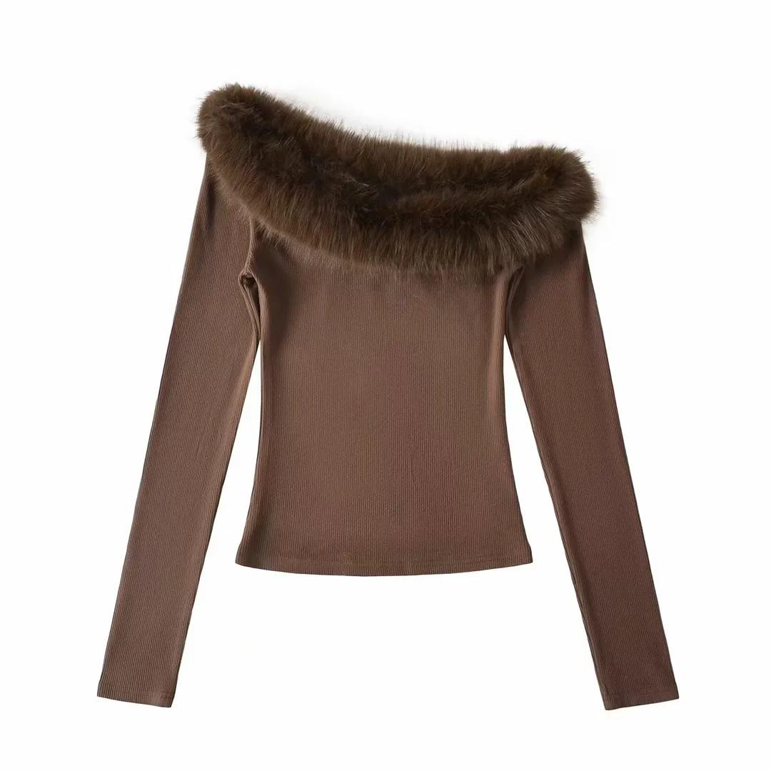 

Pure Desire One-Shoulder Faux Fur Collar Patchwork Long Sleeve Women s Autumn Top Large кавовий