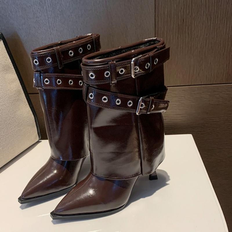 Belt Buckle Mid-leg Boots Autumn New Pointed Toe Sleeve Studded Metal Buckle Thin Folkel Boots