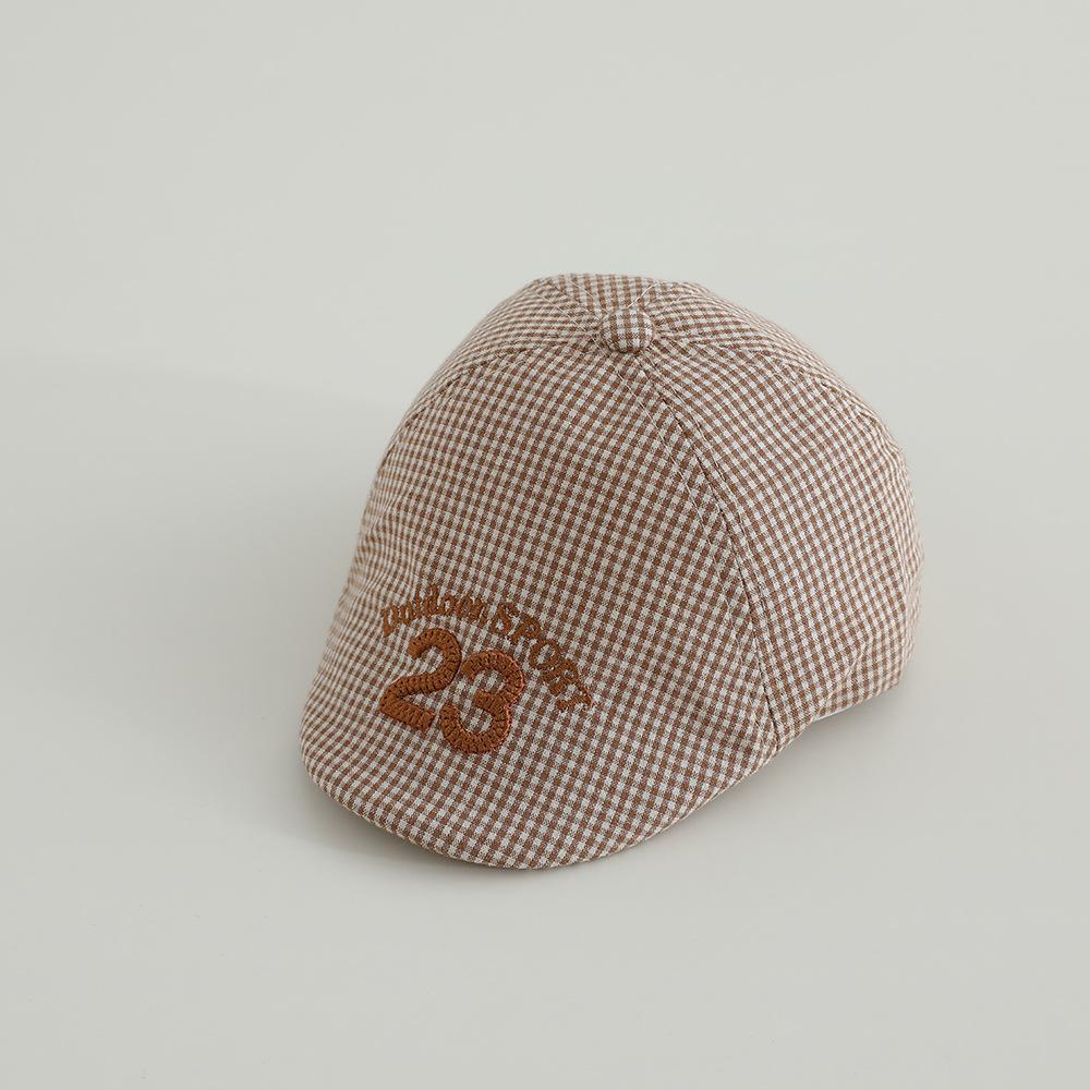 Retro Plaid Baby Beret – Spring/Summer Sun Hat with Embroidered "23" for Infants & Toddlers