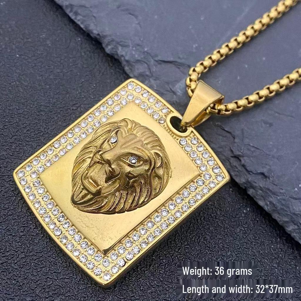 Stainless Steel Rhinestone Lion Head Pendant Hip Hop Necklace
