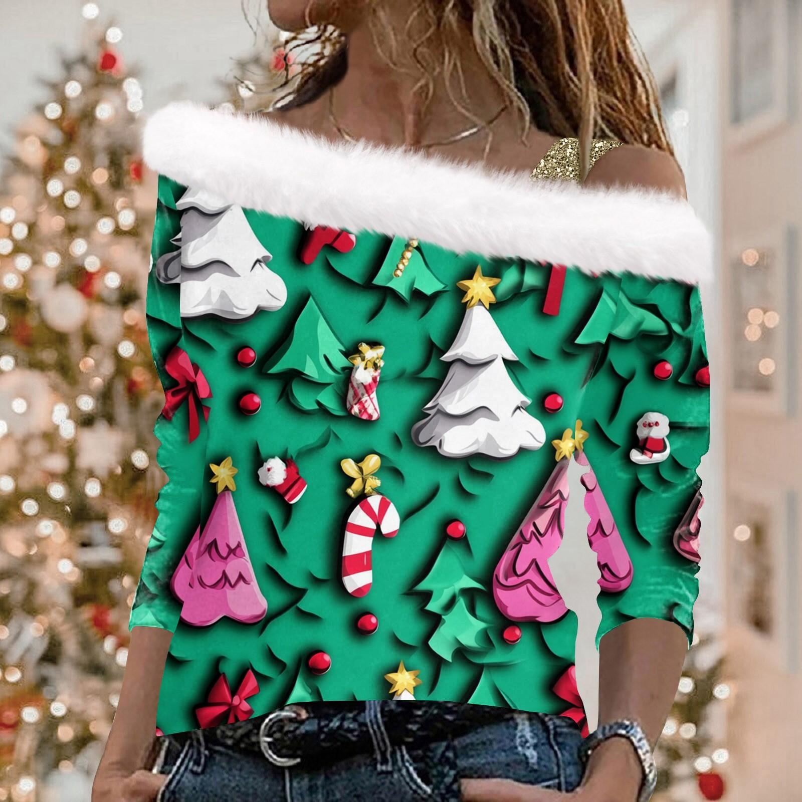 

Женский рождественский принт с длинными рукавами из твила, пуловер с воротником, топ с длинными рукавами S