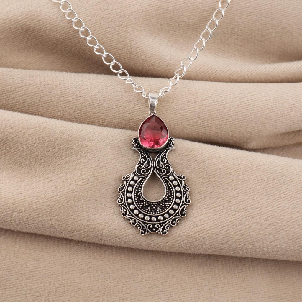 Pink Tourmaline Gemstone Designer Silver Pendant 1.8" Women Jewelry For Women CP-45-4