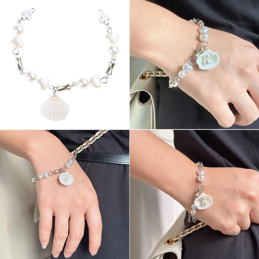 Elegant Shell Pearls Handchain Four Leaf Clovers Bracelet Adjustable Length Wristchain Fashionable and Stylish Ornament