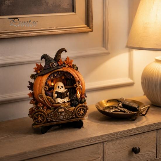 Healing Atmosphere Home Art Halloween Reading Ghost Figurine, Retro Wooden Statue, Vintage Desktop Creative Ornament with Stacked Book for Office