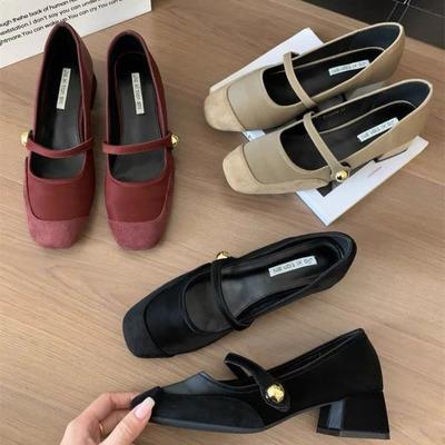 Primavera Otoño Mujeres Tacón Grueso Zapatos de Salón Moda Poco Profundo Hebilla Zapatos de Dama Ante Casual Vino Tinto Zapatos Mary Jane de Mujer