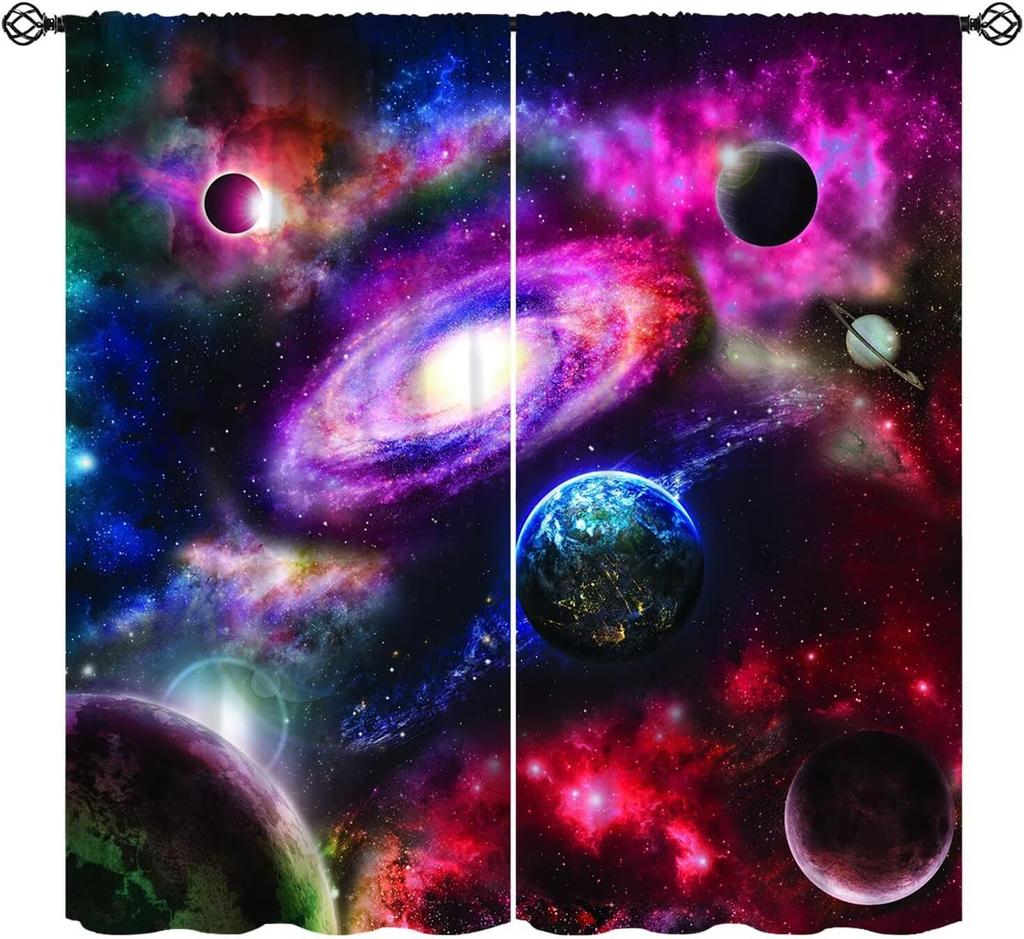 Cartoon Space Universe Curtains,Solar System Planet Rocket Spacecraft Print Decor Rod Pocket Window Treatments For Kids Girls
