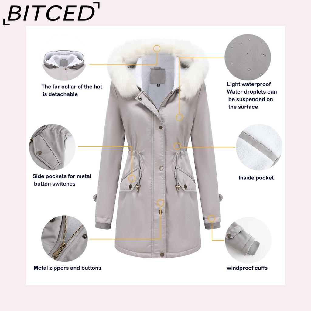 BITCED Autumn/Winter Detachable Fur Collar Women's Parka Long-Sleeved Hooded Cotton Coat Fleece Overcoat