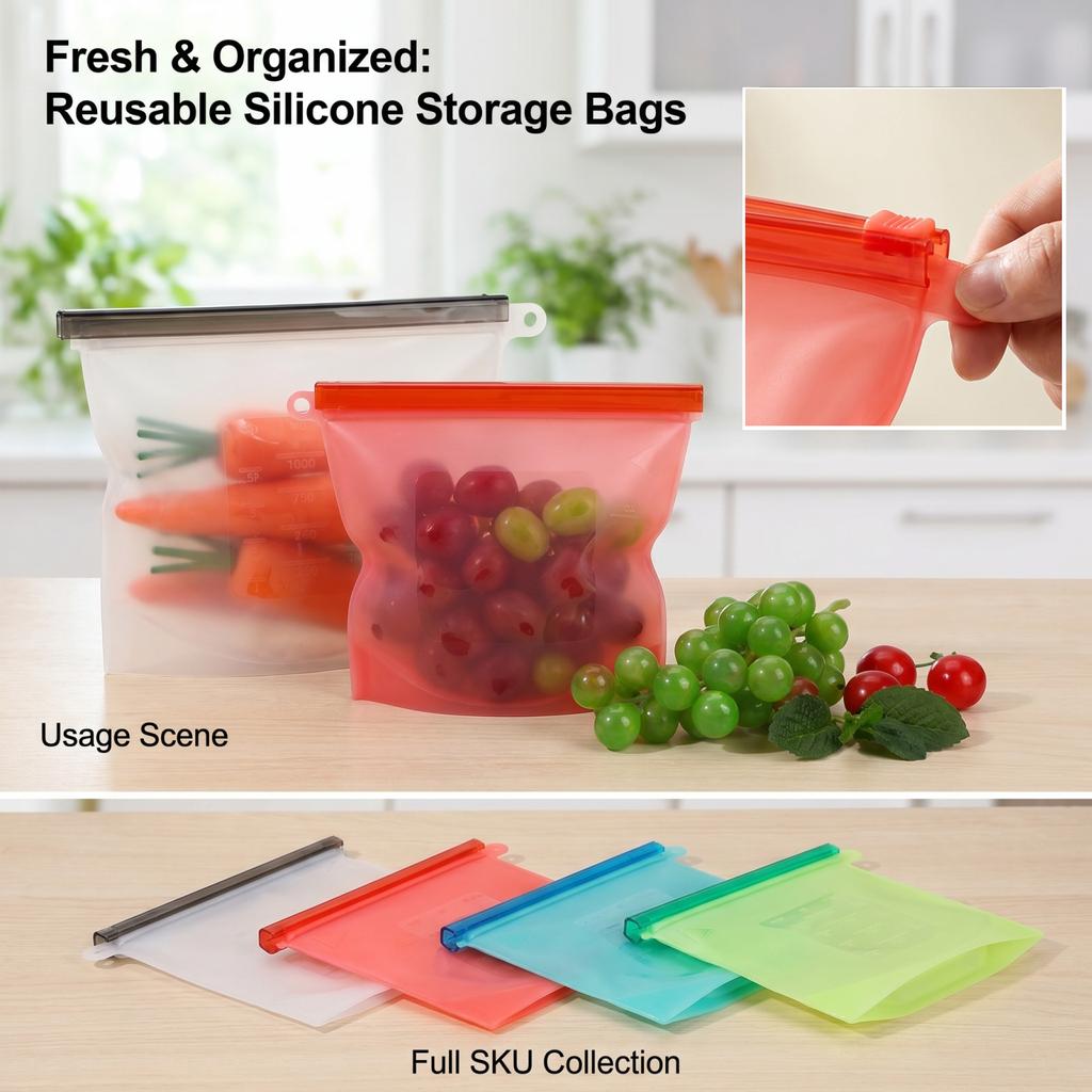 Reusable Silicone Food Storage Bags with Slider for Vegetables And, Medium Size Fridge Bags