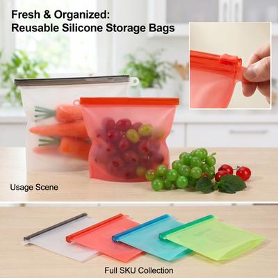 Sacos Reutilizáveis de Silicone para Armazenamento de Alimentos com Fecho Deslizante para Vegetais e, Sacos de Geladeira de Tamanho Médio