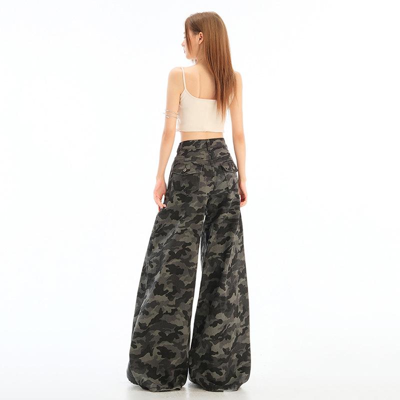 High street workwear wide-leg denim camouflage pants for women 026 new high-waisted slimming loose straight pants