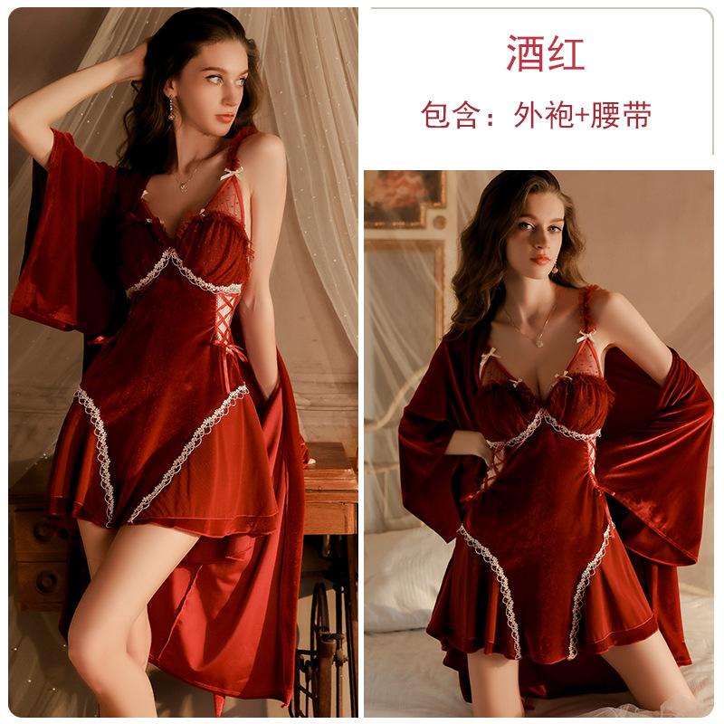 Sexy Deep V Plus Chest Pad Waist Strap Mesh Lace Splicing Velvet Nightdress Robe Loungewear