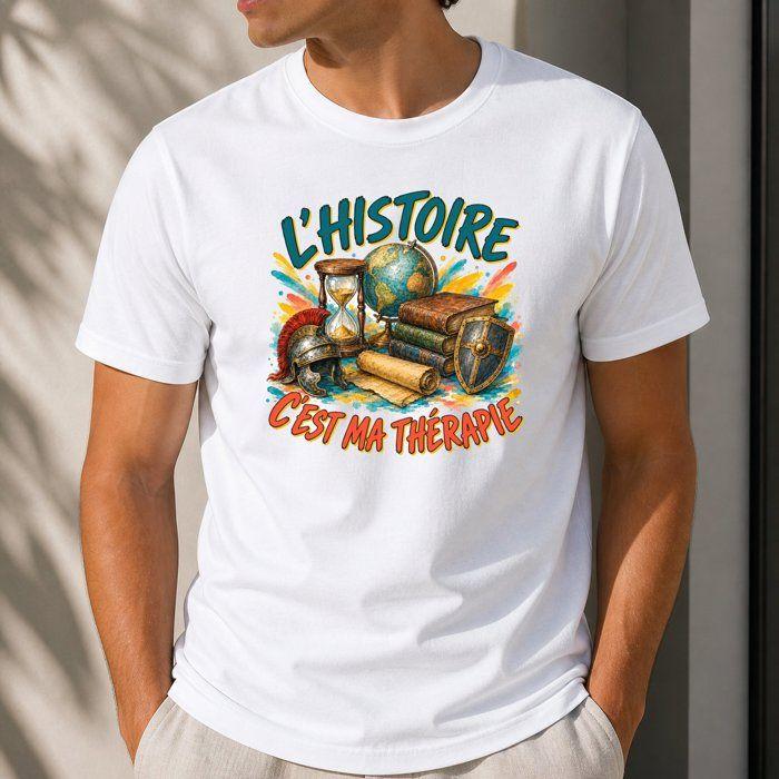 T-shirt Homme Blanc L’Histoire c’est ma thérapie | Coton Ringspun 185 g/m² Col Bord Côte Taille 3XL | Tee Shirt Manches Courtes