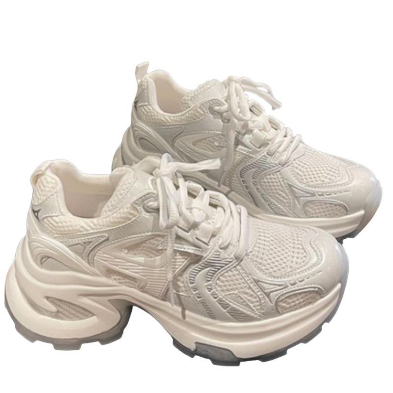 Silver and white mesh heightened platform sports casual shoes women's 2025 spring and autumn new breathable versatile commuter dad shoes