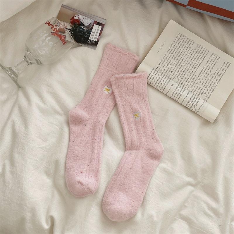 Thickened Point Yarn Australian Velvet Warm Socks Bow Embroidery Korean Sweet Pile Socks