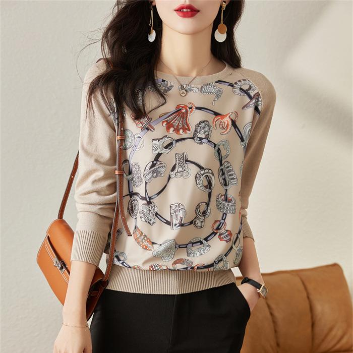 

Трикотажная рубашка Женская трикотажная одежда Осенняя свободная рубашка с длинными рукавами Топы с принтом L