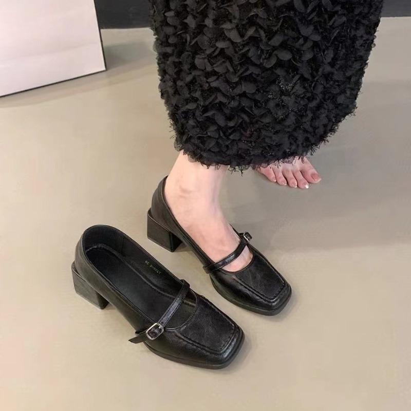 Fashion New High Heels for Fall Women's Square Toe Shallow Mouth One Strap Anti-slip Wear-resistant Block Heel Shoes