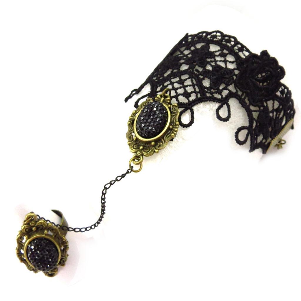 Les Trésors De Lily [K6580] - Designersett 'Courtisaner' svart (blonder) (armbånd ring + ankelkjede)