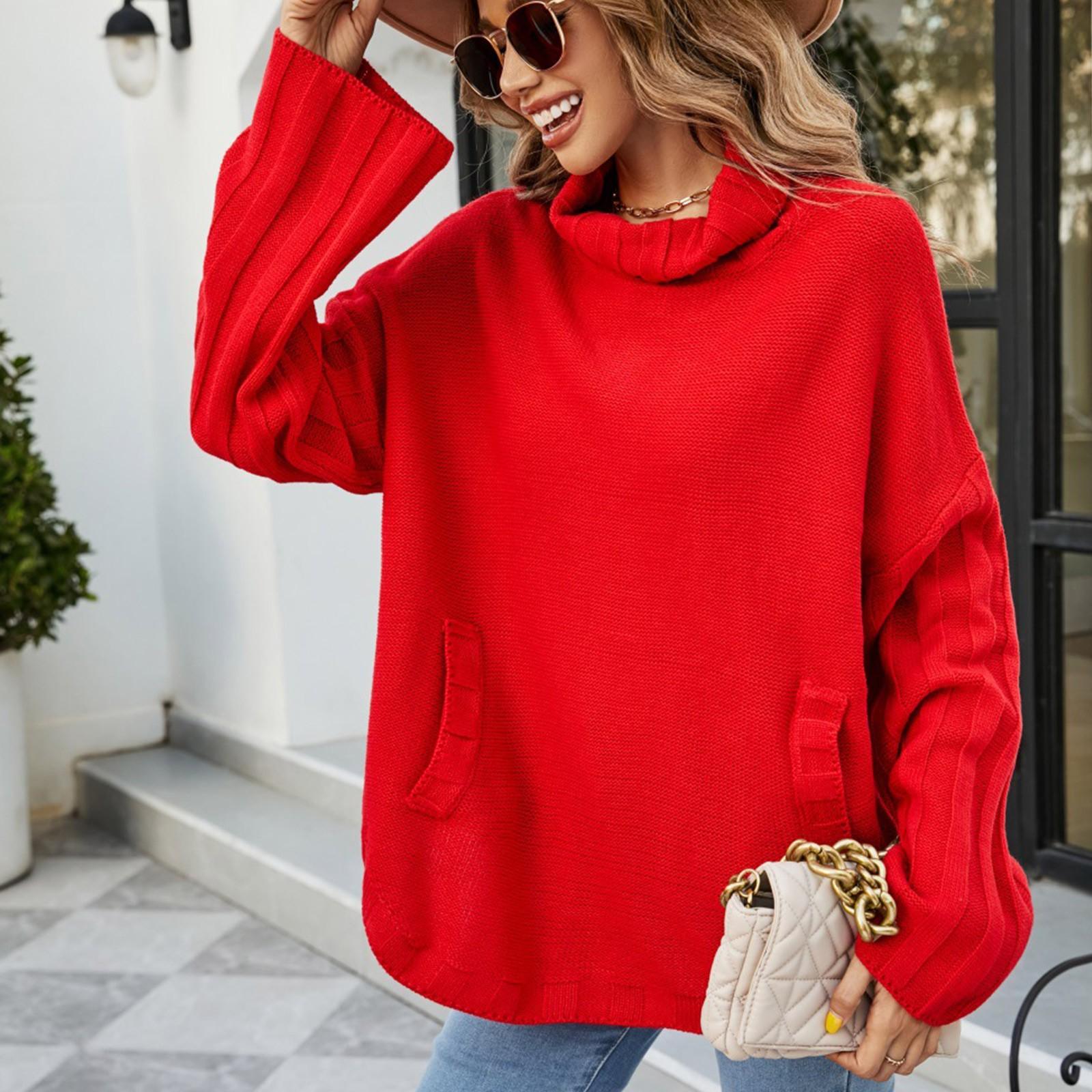 

Модный повседневный свободный однотонный пуловер для женщин, свитер, женский свободный размер, водолазка для женщин L красный