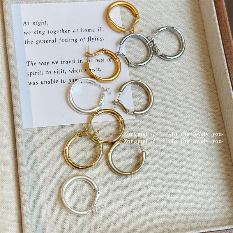 925 Sterling Silver Gold Matte Circle Hoop Earrings for Women - Minimalist Round Metal Design
