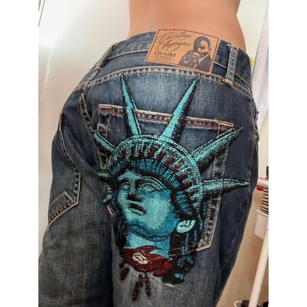 FlowStreet Y2k 2000s Statue of Liberty Diamonds Denim Pants Casual High Waist Straight Wide Leg Jeans Harajuku Vintage Pants