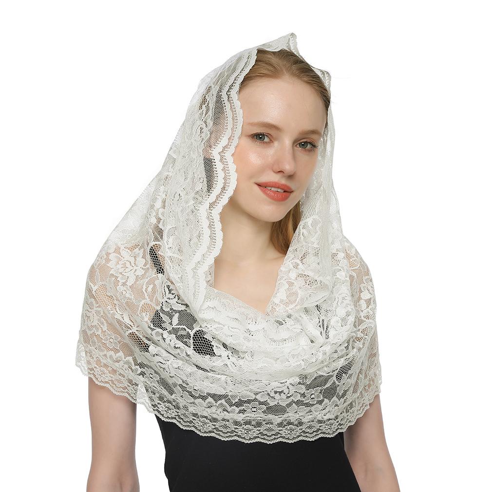 Embroidered Scarf For Church Round Veil Polyester Shawl In Church Spanish Mantilla Lace Floral Solid Color Women Prayer Shawls