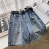 Women High Waist Loose Ripped Wide Leg Denim Five Point Shorts
