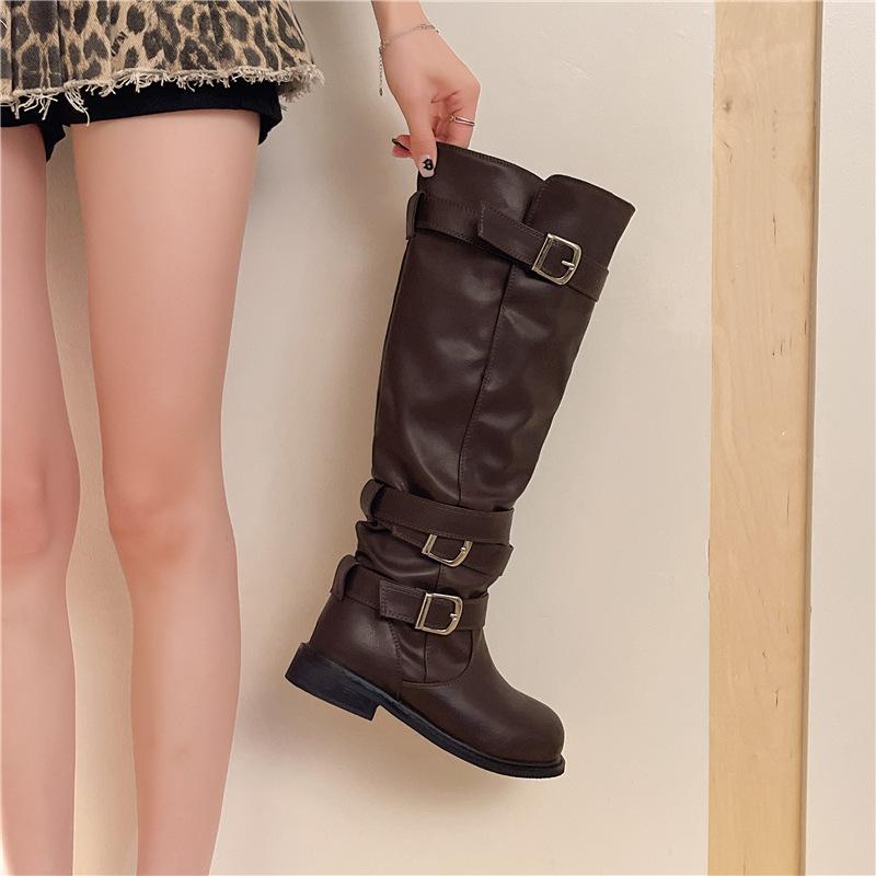 Stylish Retro Round Head Pleated Stacking Boots Foldable In Autumn And Winter Two-Wear Spice Girl Western Cowboy Boots Look Thin And Long
