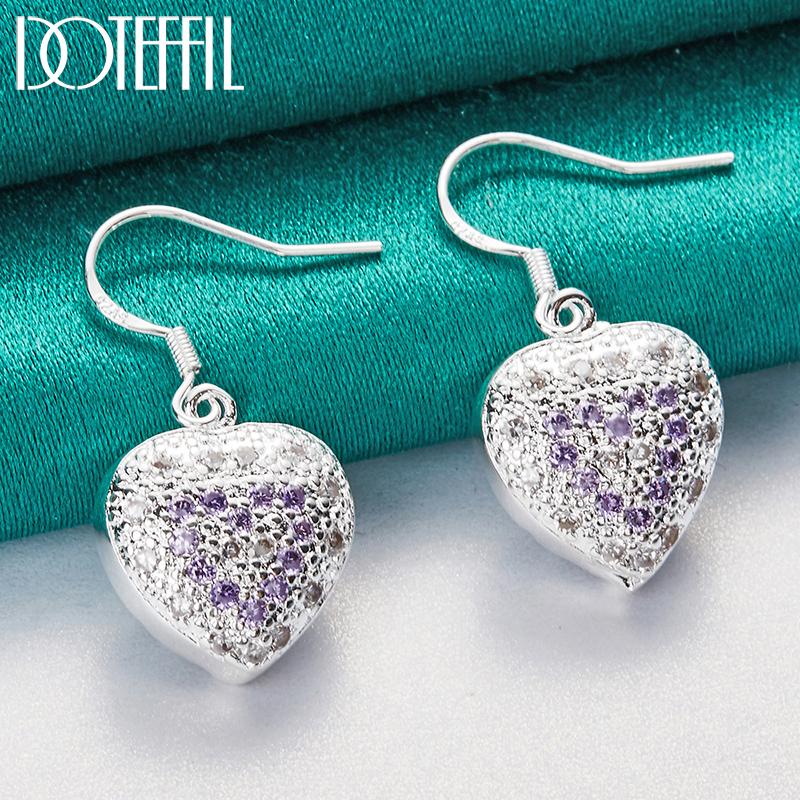 925 Sterling Silver Heart-shaped Purple AAA Zircon Earrings, Fashionable Wedding Jewelry